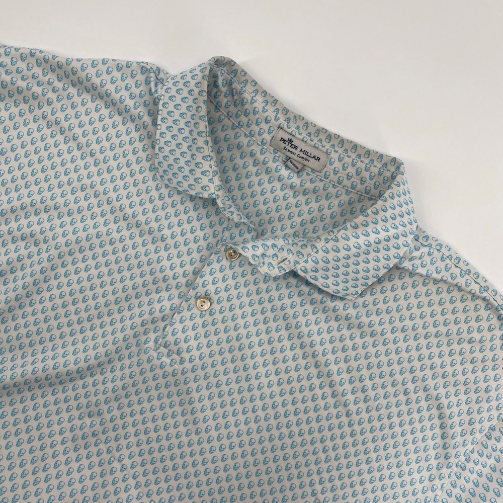 Peter Millar Polo Mens XL White Blue Skull Print Summer Comfort Golf Athleisure
